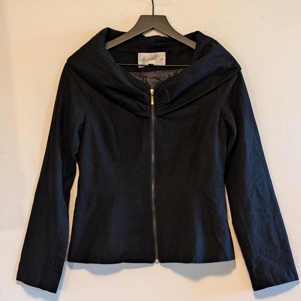 Lucy Paris Wool Blend Peplum Jacket Black Drape Collar Zip Front Blazer